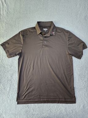 Men's Straight Down Brown Performance Polo with Subtle Collar Emblem